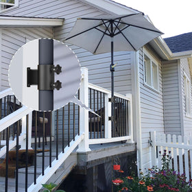 Fixirons outdoor umbrella clamp on bench demonstrates versatile garden and deck setup.