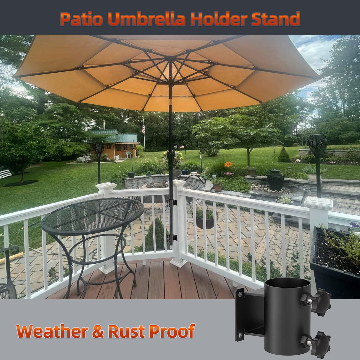 Fixirons patio umbrella holder on deck rail supports heavy outdoor umbrellas.