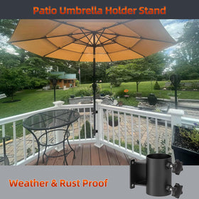 Fixirons patio umbrella holder on deck rail supports heavy outdoor umbrellas.