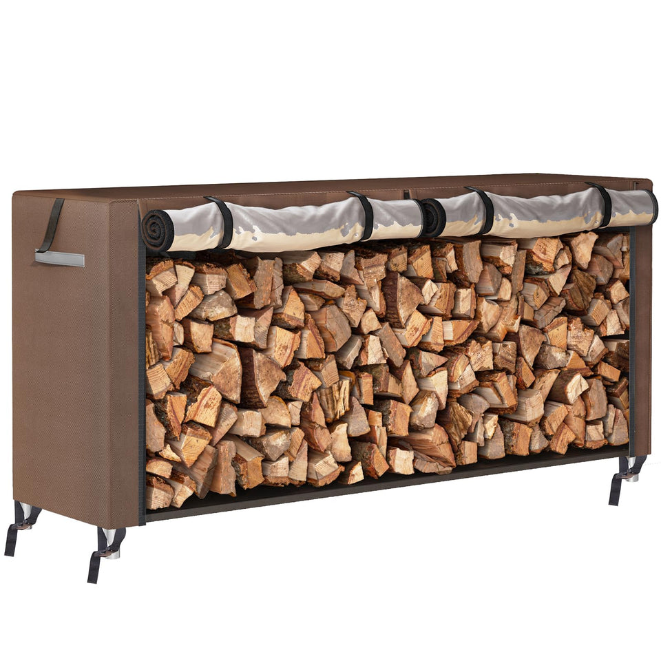 Fixwal 8ft brown waterproof firewood cover protecting a rack outdoors