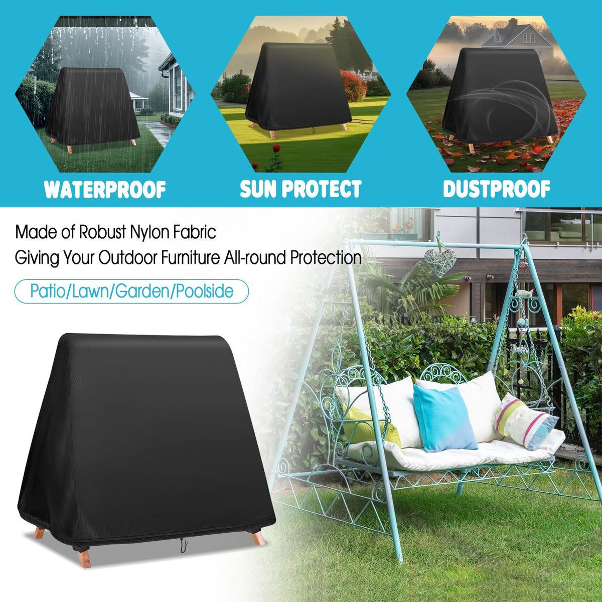 Ready-to-install Fizentia Swing Cover shown on a porch swing
