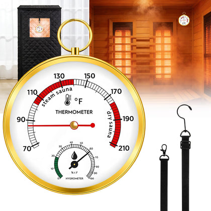 FIZZBOP sauna thermometer dial close-up shows Fahrenheit accuracy for steam readings