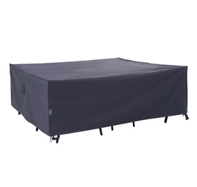 F&J Outdoors patio cover over a 7-piece dining set protects from sun and rain.
