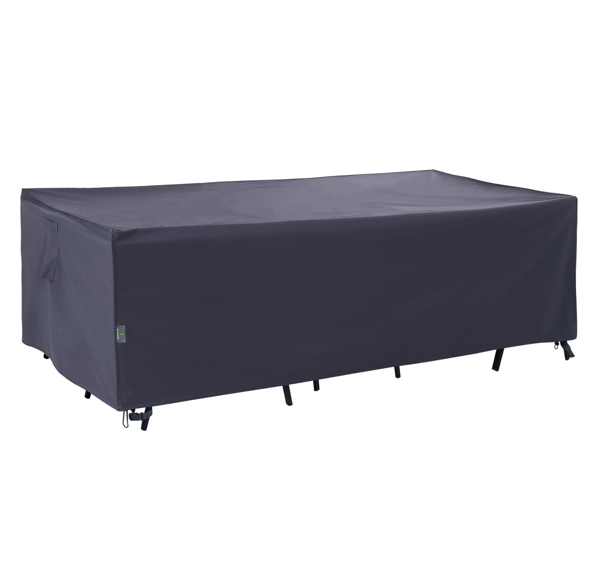 F&J Outdoors grey rectangular patio table cover protecting a rectangular table from sun and rain