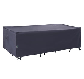 F&J Outdoors grey rectangular patio table cover protecting a rectangular table from sun and rain