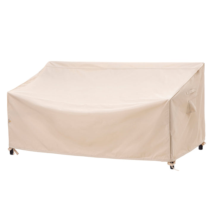 F&J Outdoors waterproof 3-seater couch cover protecting a large outdoor seating area from rain.