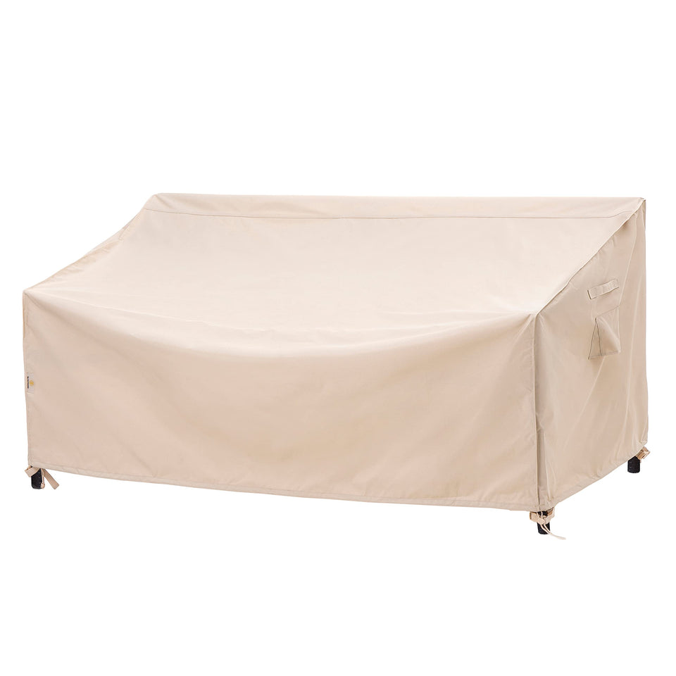 F&J Outdoors waterproof 3-seater couch cover protecting a large outdoor seating area from rain.