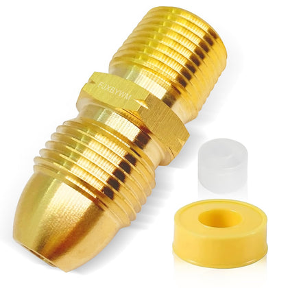 FJXBYWM brass propane adapter connects POL to half-inch MPT for grills.