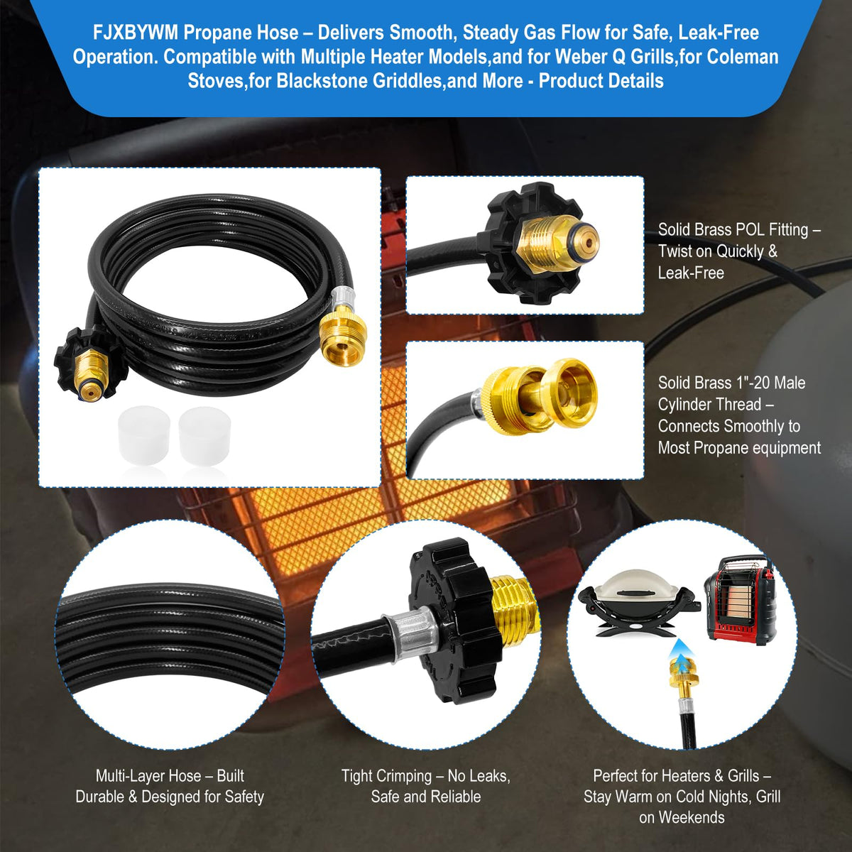 FJXBYWM F273704 reinforced PVC hose supports long runtime from 5–40 lb tanks.