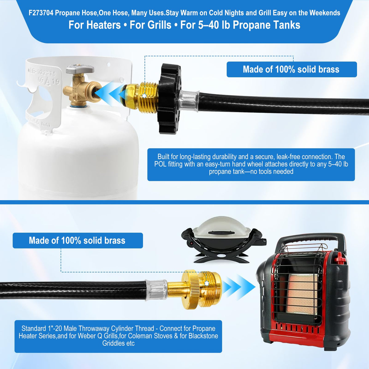 FJXBYWM F273704 swivel ends simplify setup for quick, tool-free connection to tanks.