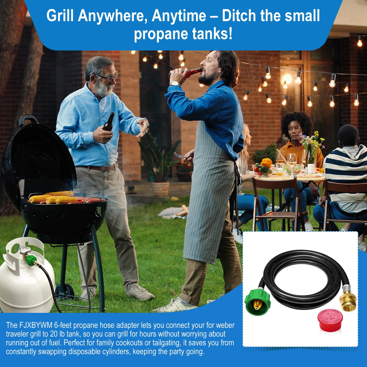 FJXBYWM propane hose for Char-Broil portable grills enabling longer cookouts