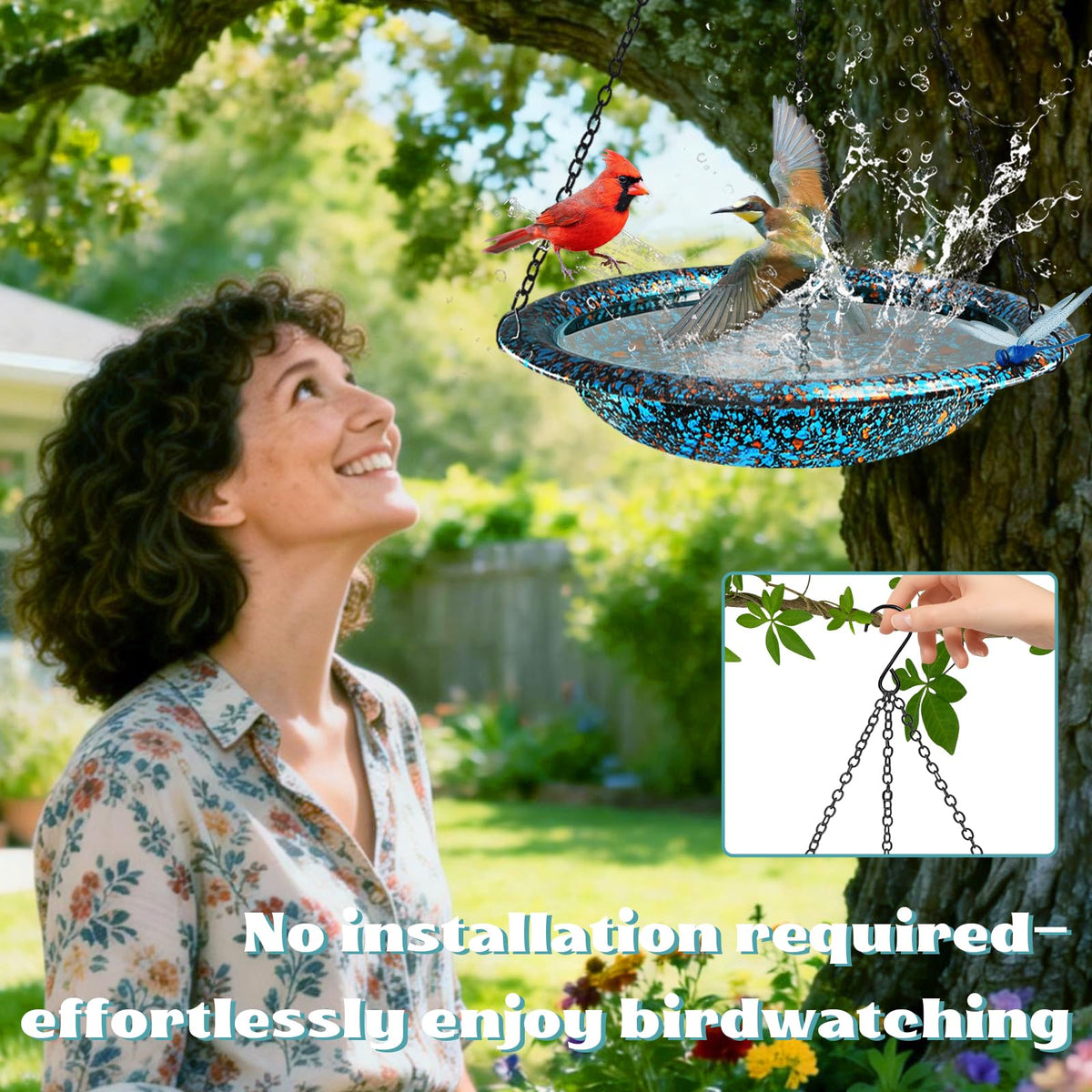 FKKsparkler bird bath with black chains and hooks offers durable hanging setup