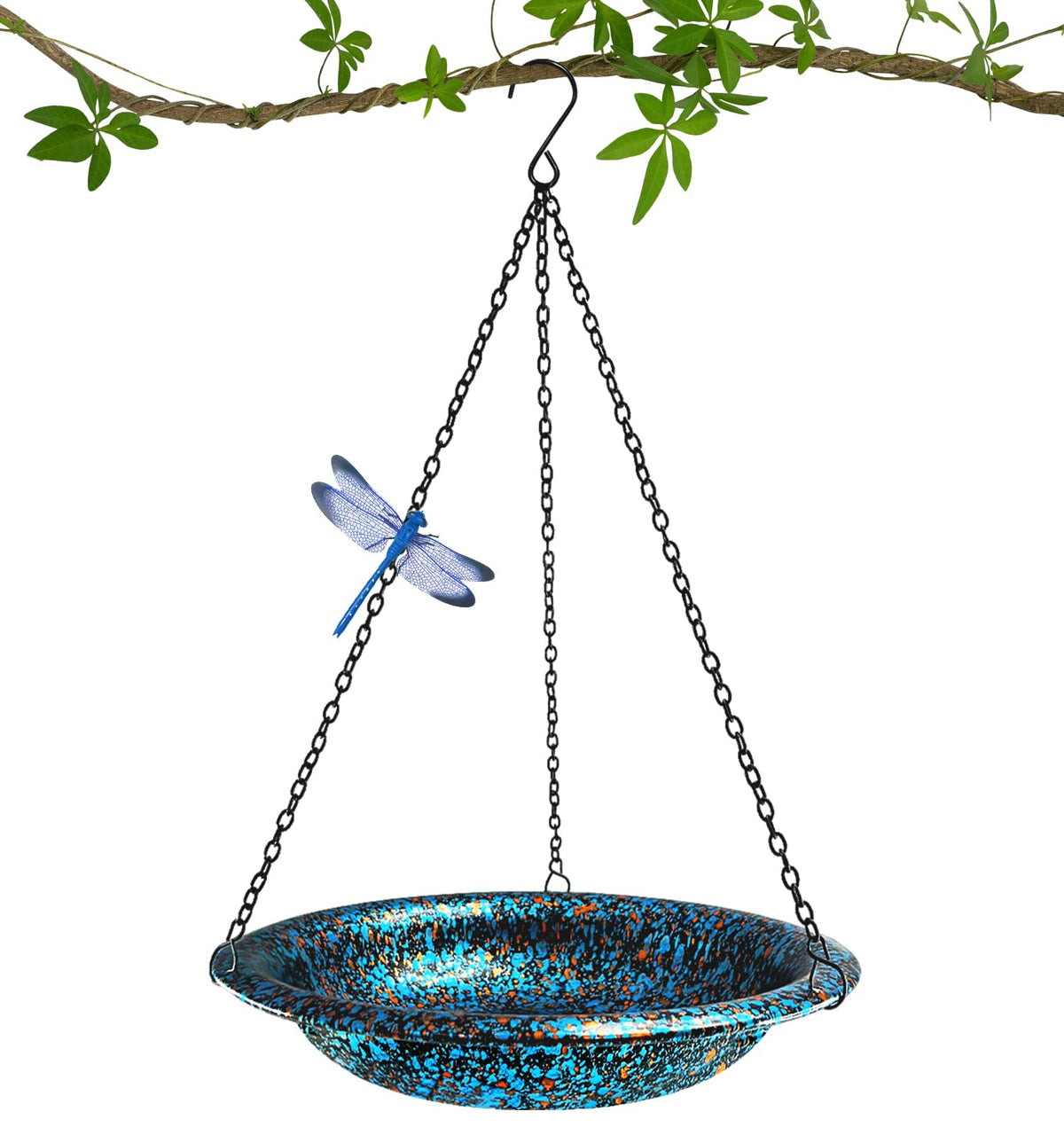 FKKsparkler hanging bird bath in blue copper finish attracts birds outdoors