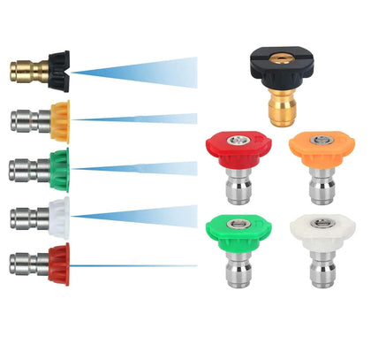 FKKWUOT pressure washer nozzle set shows all five tips for versatile cleaning tasks