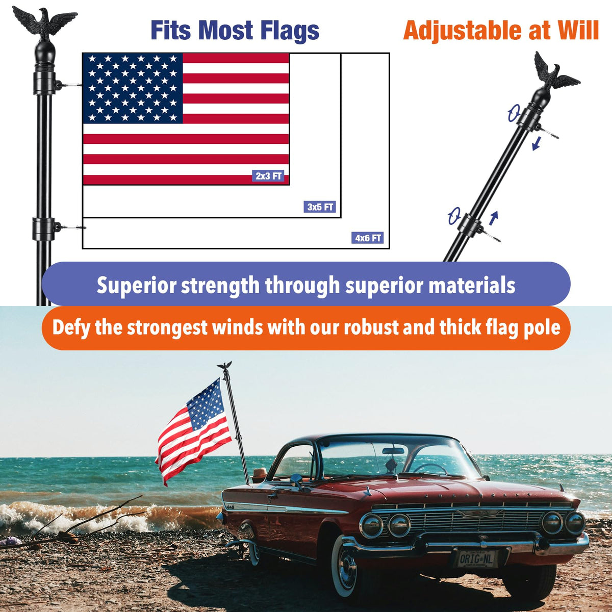 Flag Win adjustable length flagpole demonstrating telescoping sections.
