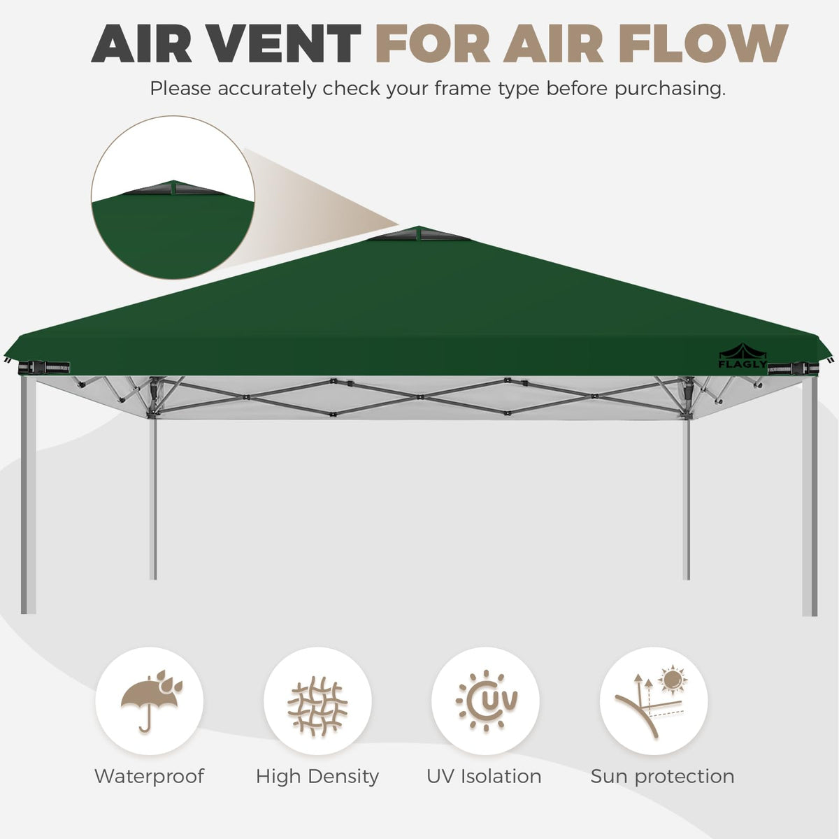 Flagly canopy top is waterproof and provides UPF 50+ sun protection.