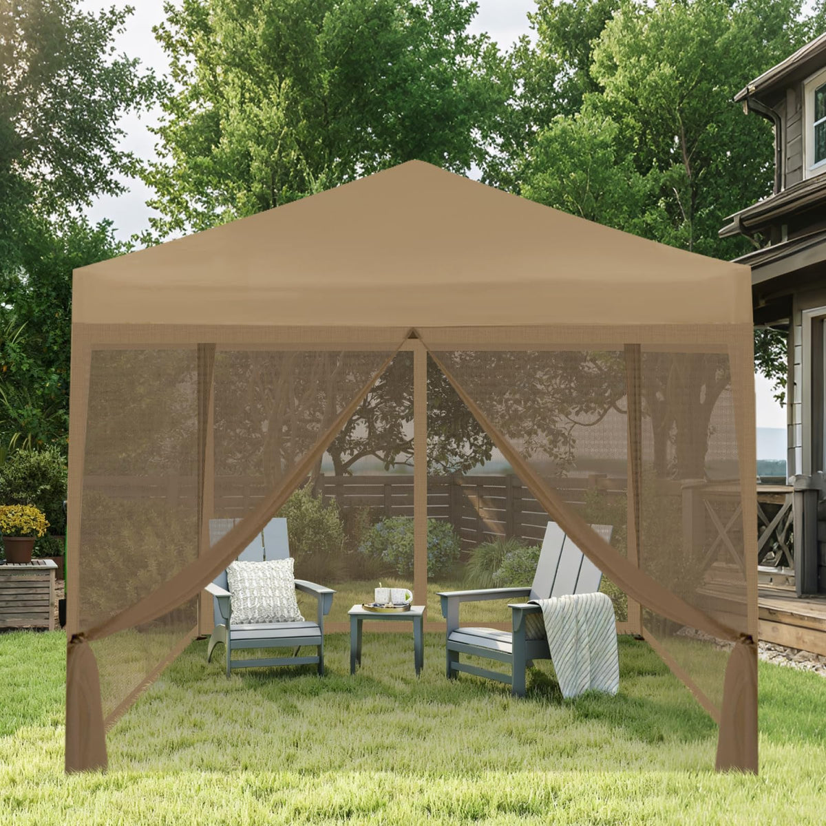 Flagly khaki color mesh fabric blends with backyard décor.