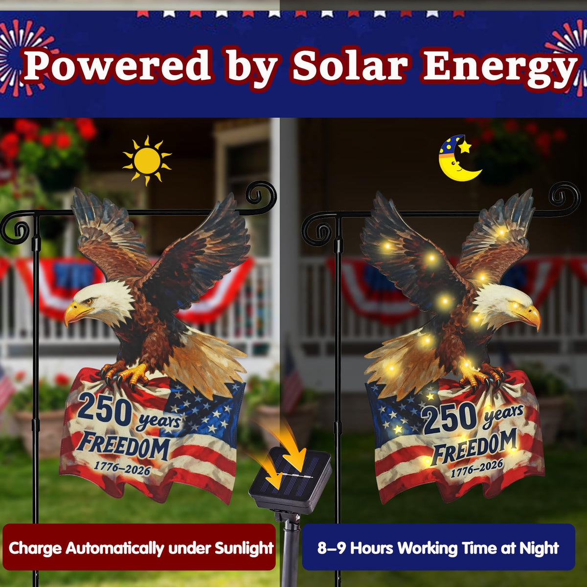 Flagmesage eagle and stars commemorative design close-up.