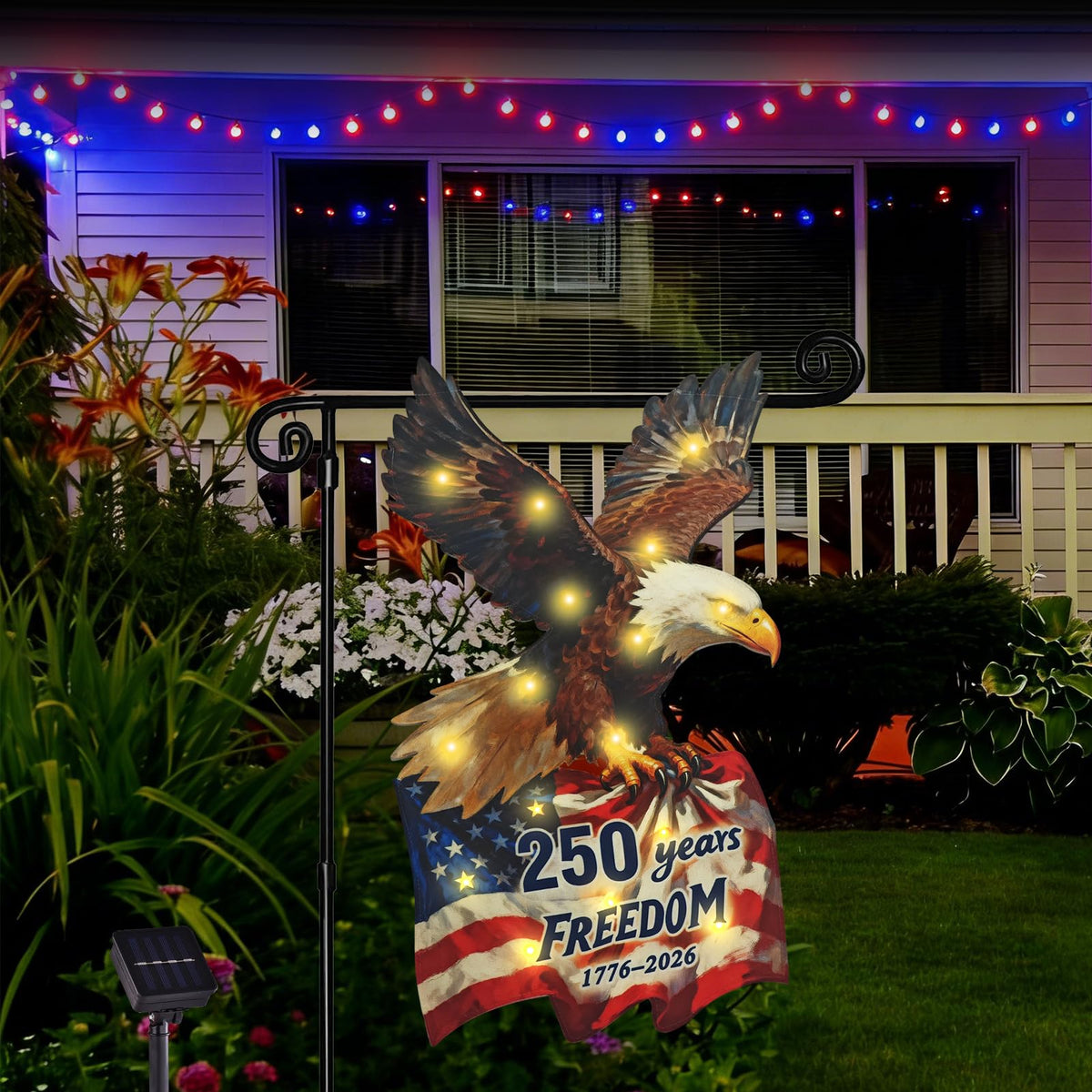 Flagmesage solar LED flag night glow highlighting patriotic design.