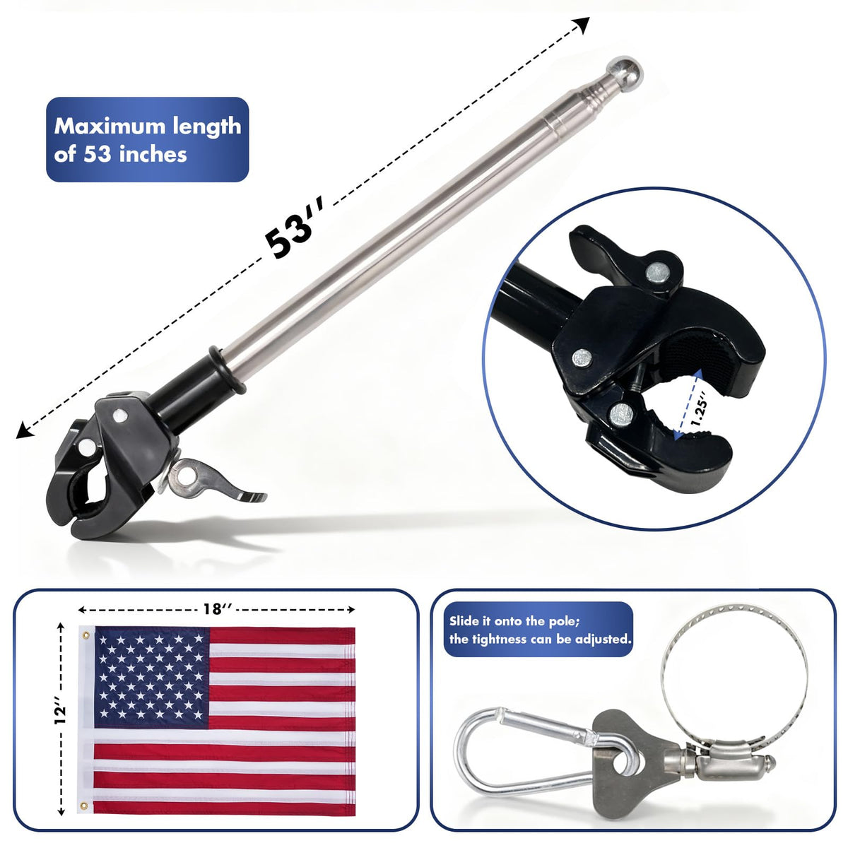 Flagolden 53-inch retractable flagpole for secure mounting on boats and rails.