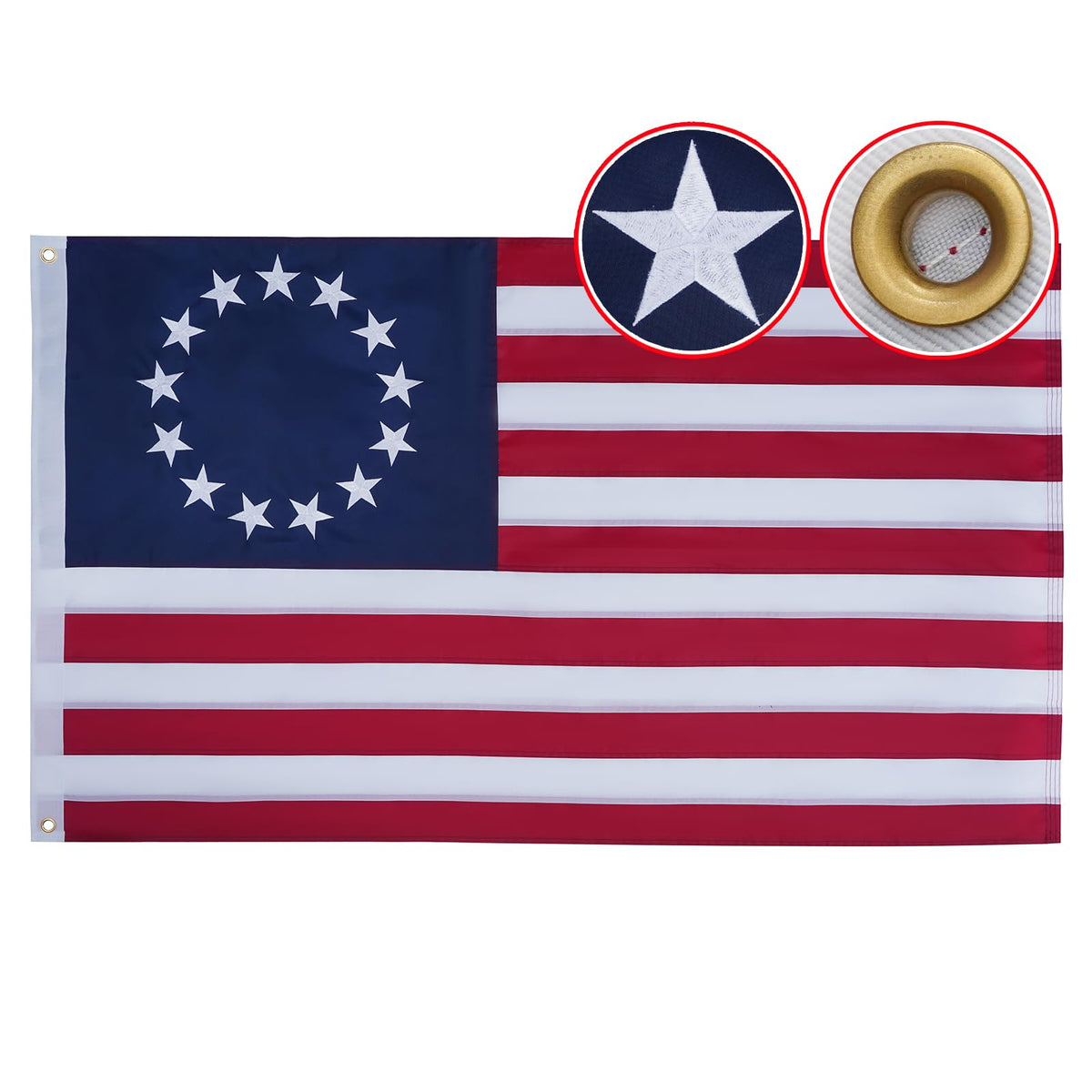 Flagolden Betsy Ross flag embroidery close-up highlights premium stitching and durable quality