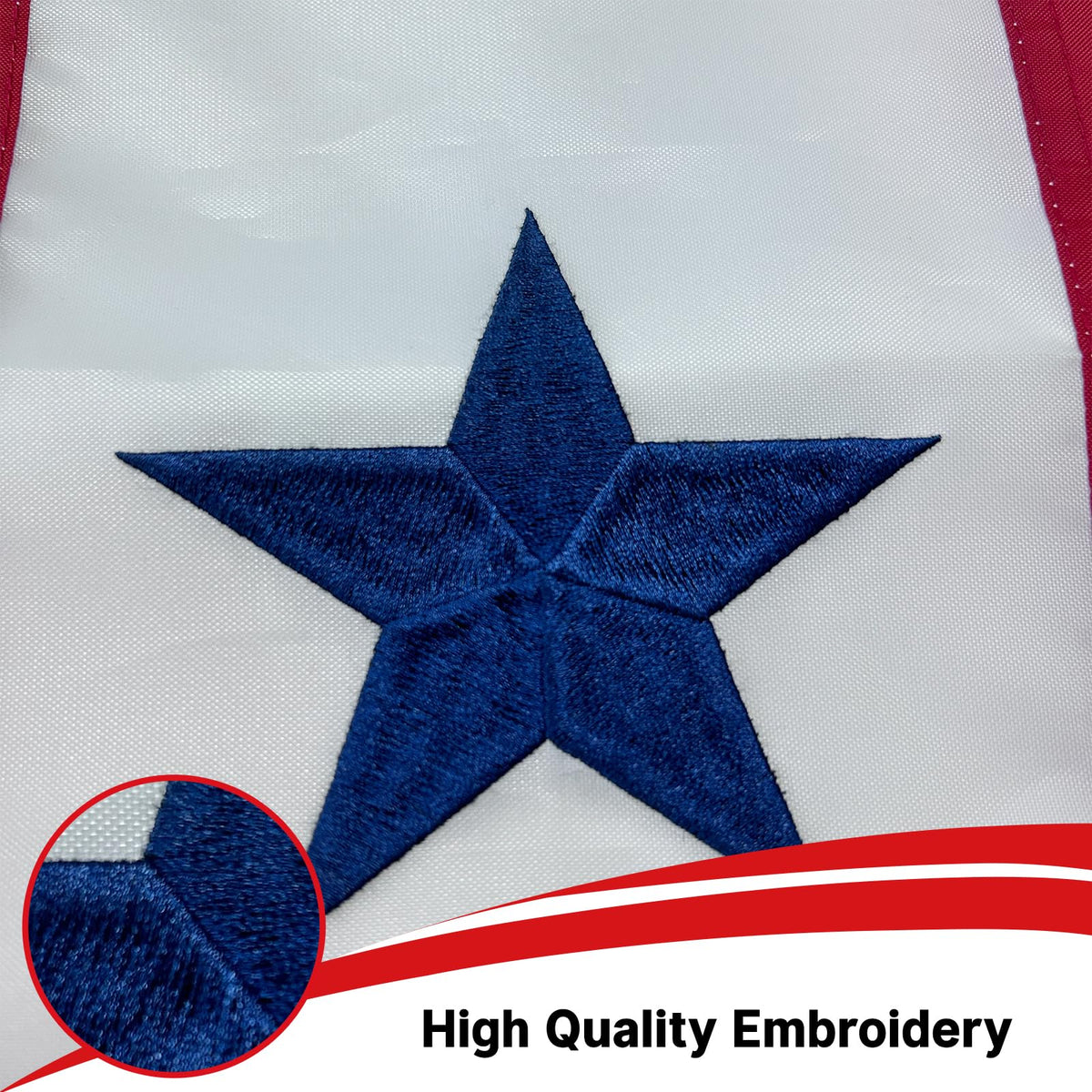 Flagolden blue-star embroidery detail on outdoor garden flag.