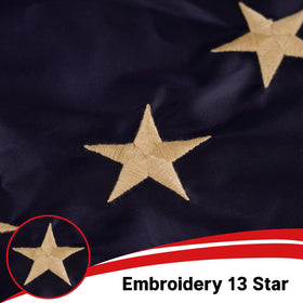 Flagolden embroidered 13-star colonial flag detail with refined stitching.