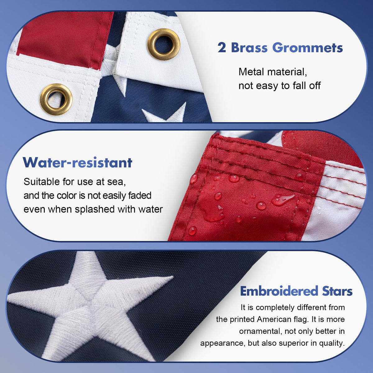 Flagolden embroidered USA flag close-up showing durable stitching and color.