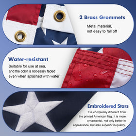 Flagolden embroidered USA flag close-up showing durable stitching and color.