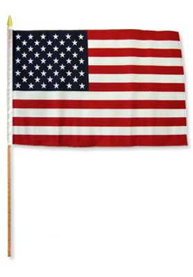 Flags Importer USA stick flag with wooden pole and golden spear top.