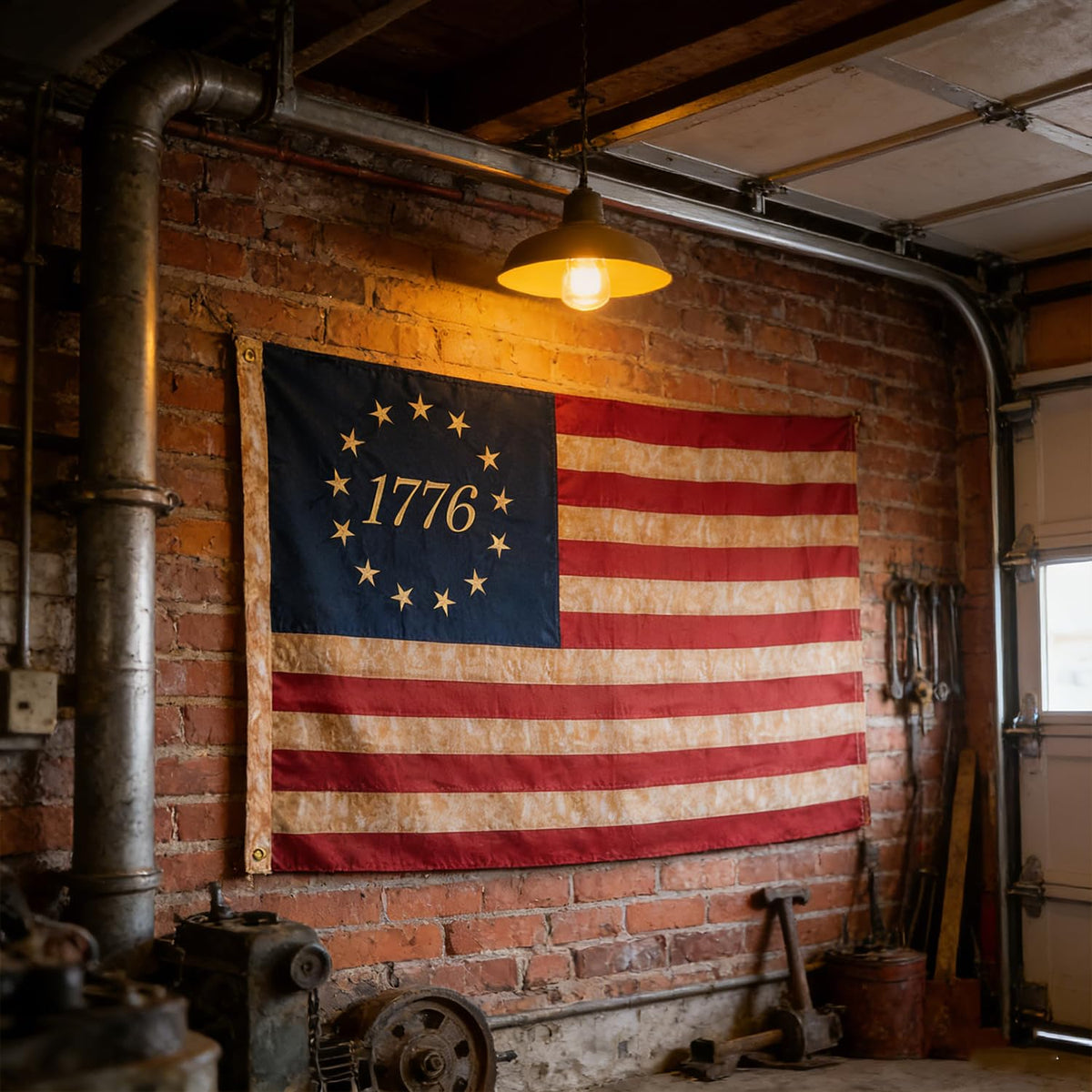 Antique-style patriotic decor using the FLAGWIN Betsy Ross flag on a porch
