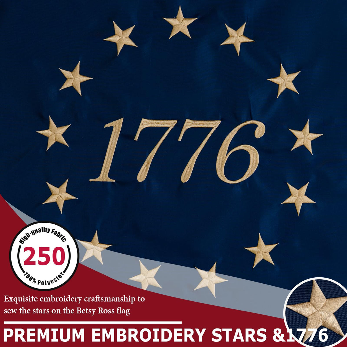 Close-up of FLAGWIN embroidery detailing on the 13 stars for premium quality