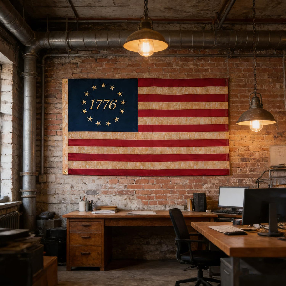FLAGWIN tea-stained Betsy Ross flag offers an aged, elegant look for rustic spaces