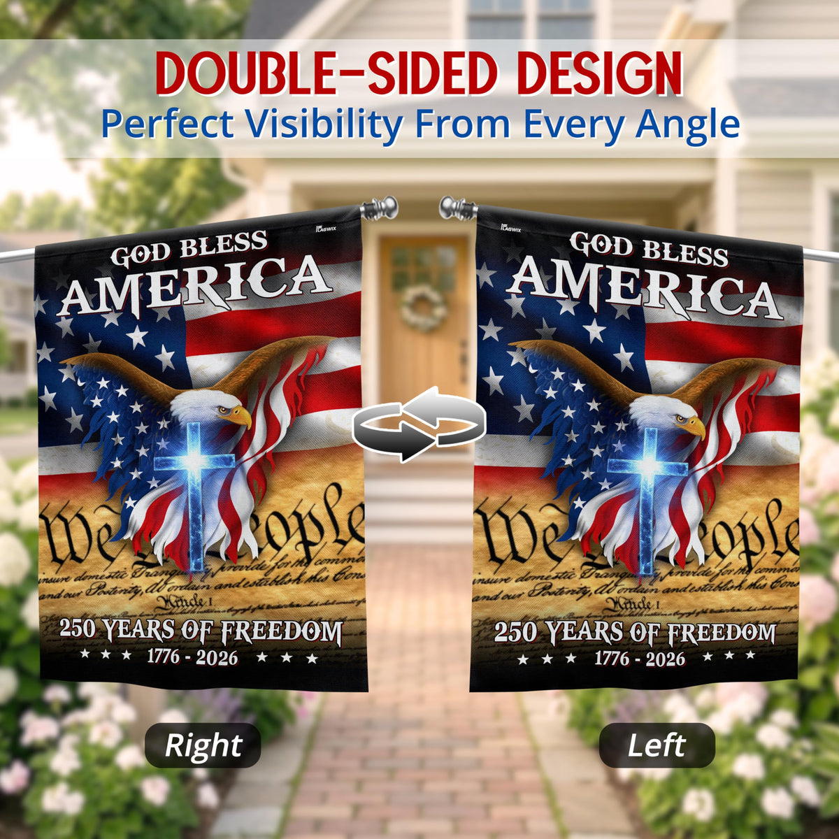 Outdoor yard display of FLAGWIX patriotic eagle flag in garden