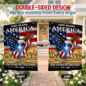 Outdoor yard display of FLAGWIX patriotic eagle flag in garden