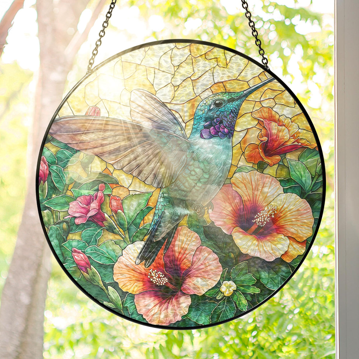FLAGWIX Christmas hummingbird stained glass suncatcher hanging in a sunlit window to brighten colors