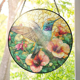 FLAGWIX Christmas hummingbird stained glass suncatcher hanging in a sunlit window to brighten colors