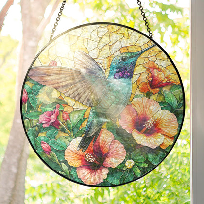 FLAGWIX Christmas hummingbird stained glass suncatcher hanging in a sunlit window to brighten colors