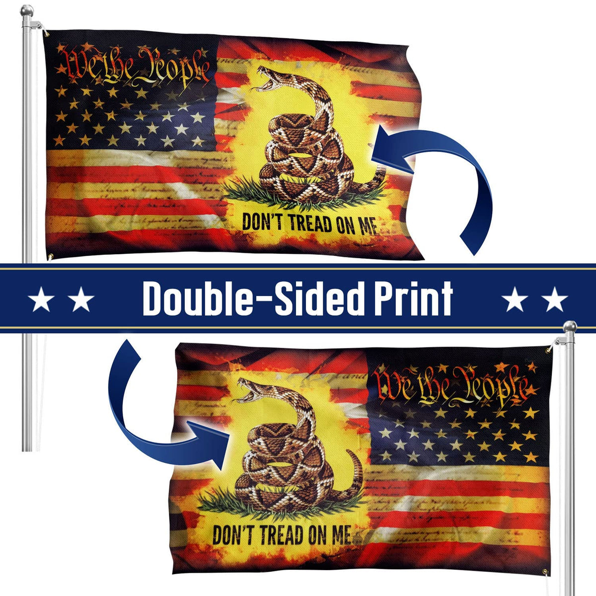 FLAGWIX Gadsden flag dual image is readable from both sides.