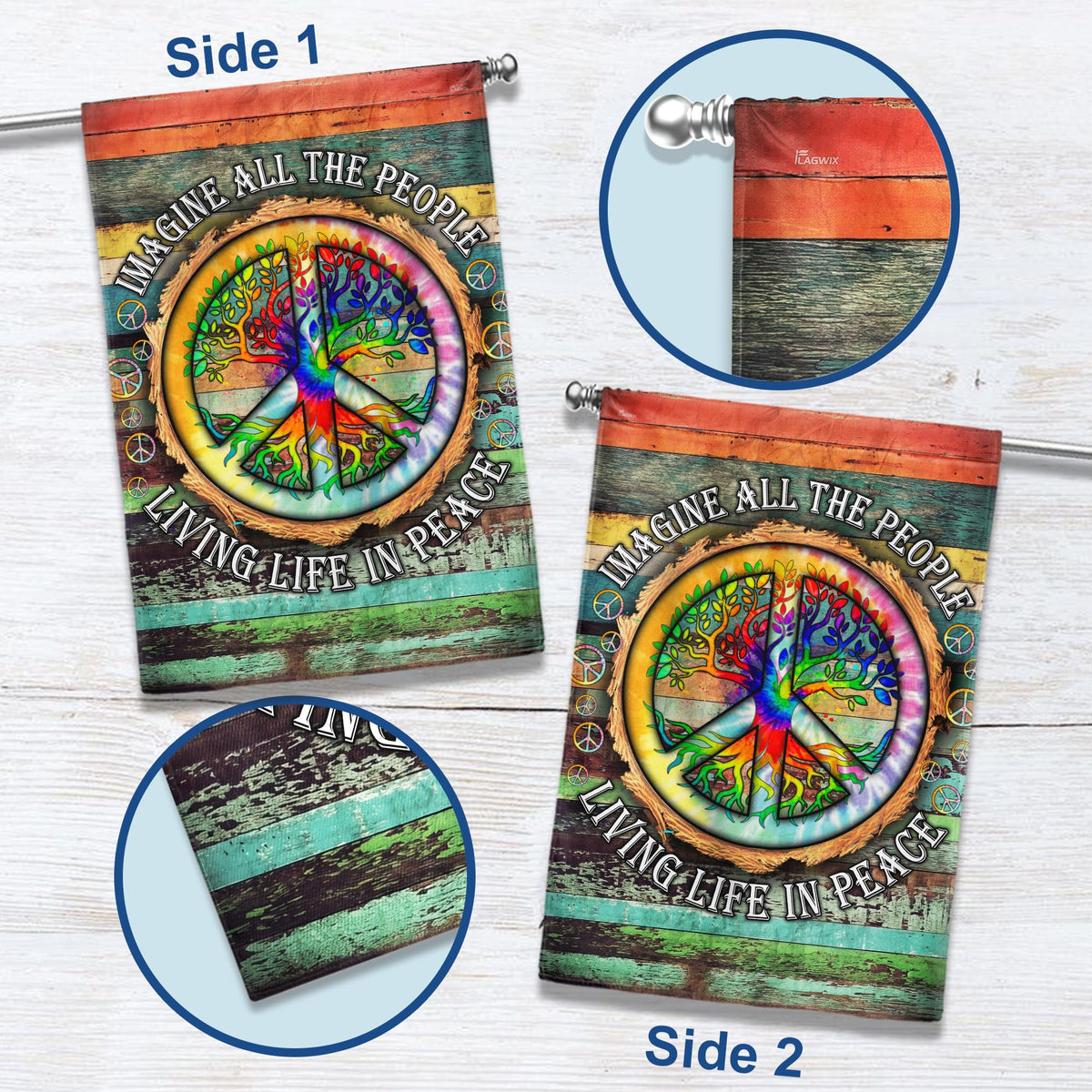FLAGWIX hippie peace flag close-up of premium polyester fabric and vibrant colors.