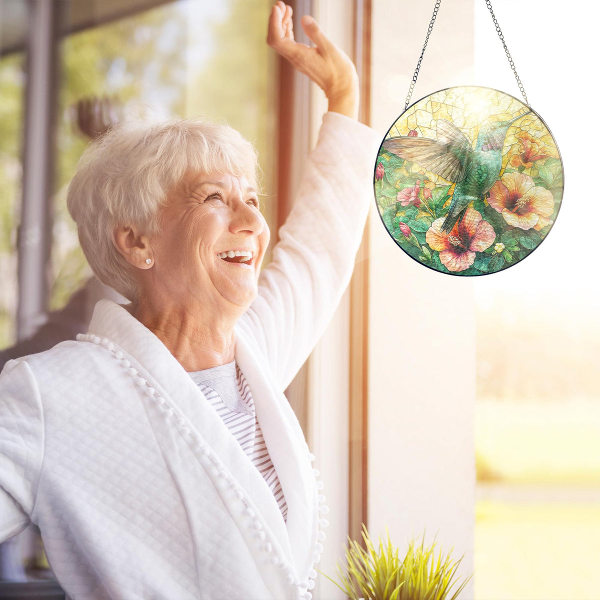 FLAGWIX indoor-outdoor stained glass suncatcher shining in sunlit space