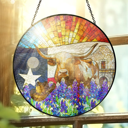 FLAGWIX longhorn stained glass suncatcher brightens Texas windows
