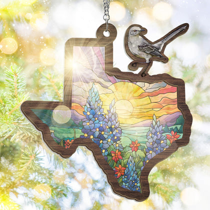 FLAGWIX mockingbird-bluebonnet suncatcher catching sunlight through a window