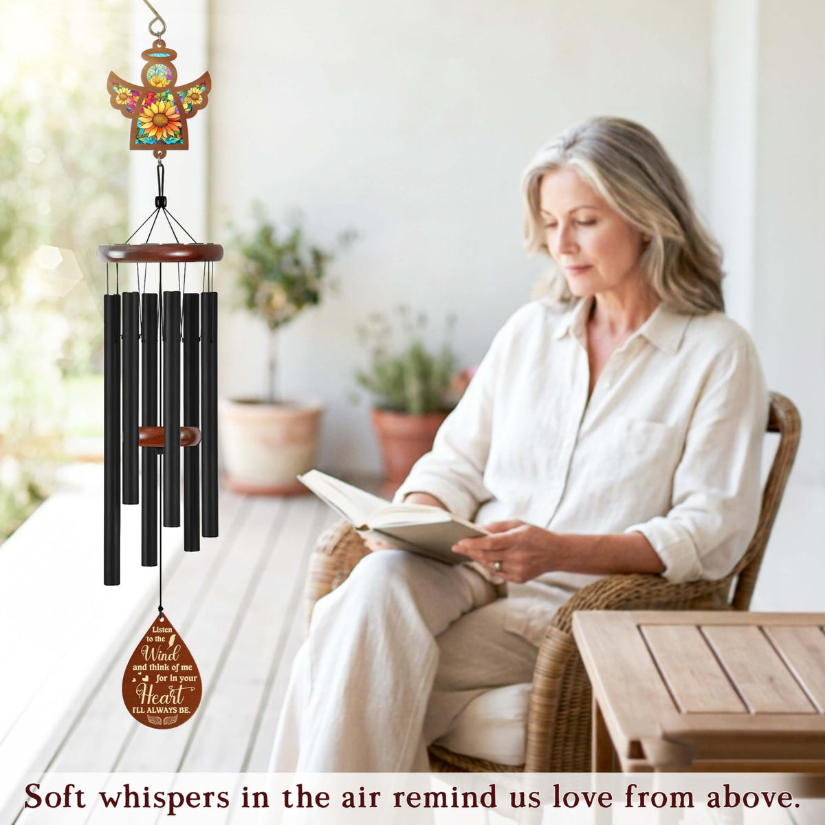 FLAGWIX Outdoor memorial windchime with pinewood top for garden use.
