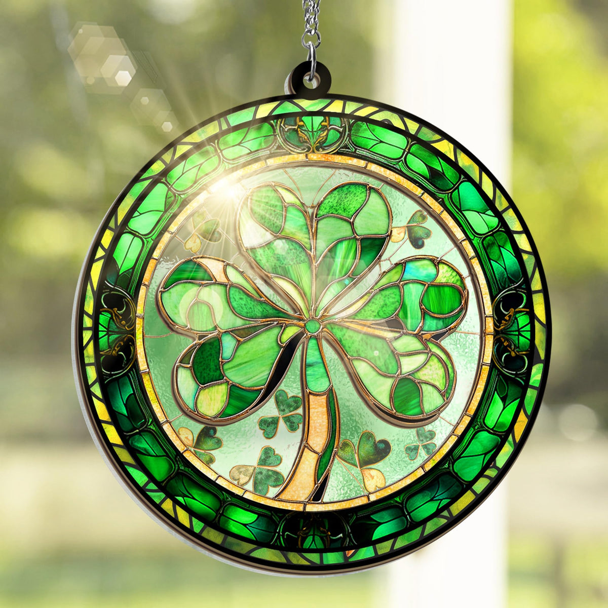 FLAGWIX St Patrick's Day suncatcher, shamrock focus, delivers sunny green reflections for windows.