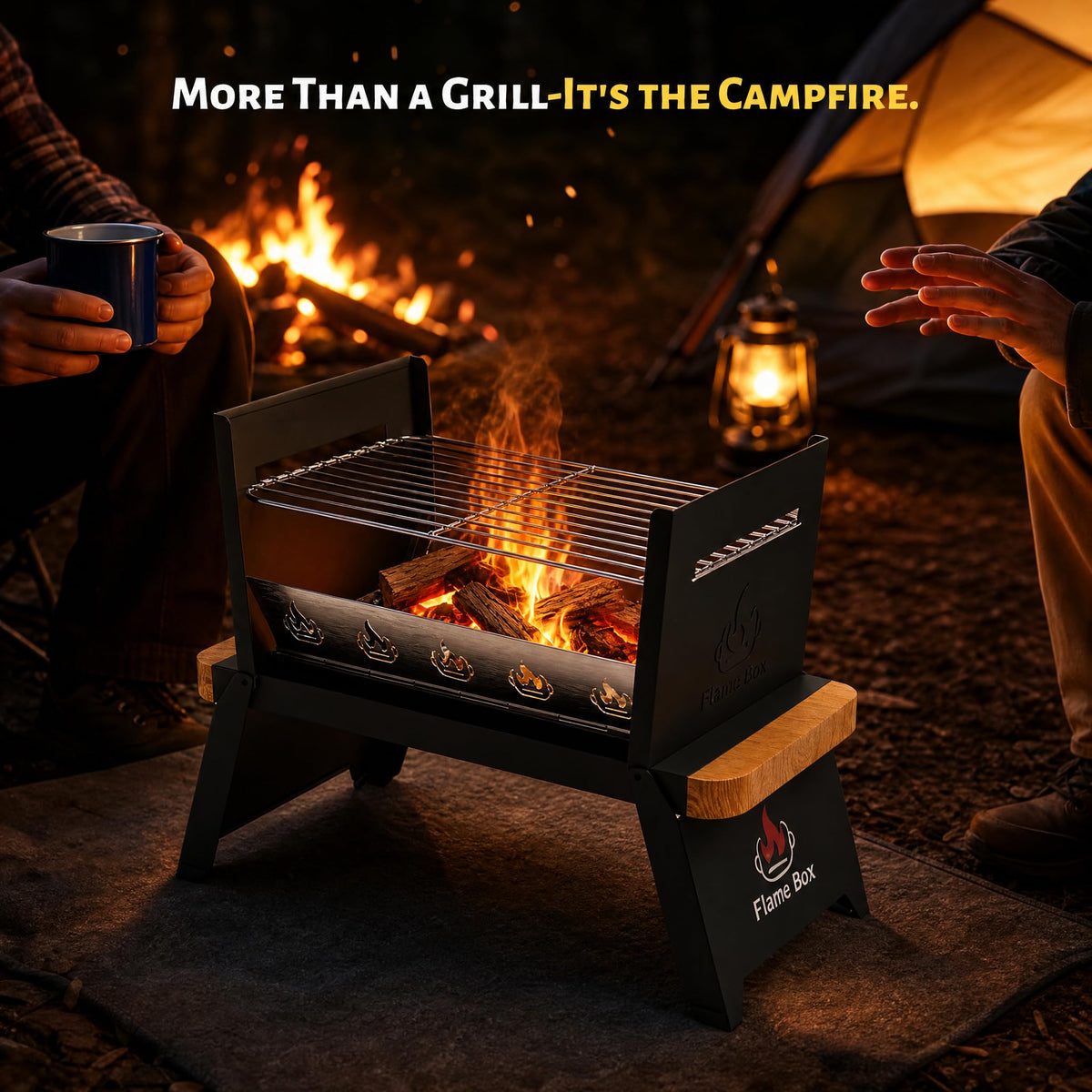 Flame Box Nomad complete kit—includes carry bag, knife, and tong for convenience.