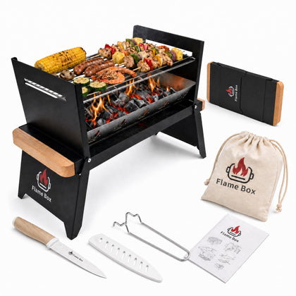 Flame Box Nomad foldable grill profile—ultra-slim for easy transport on trips.