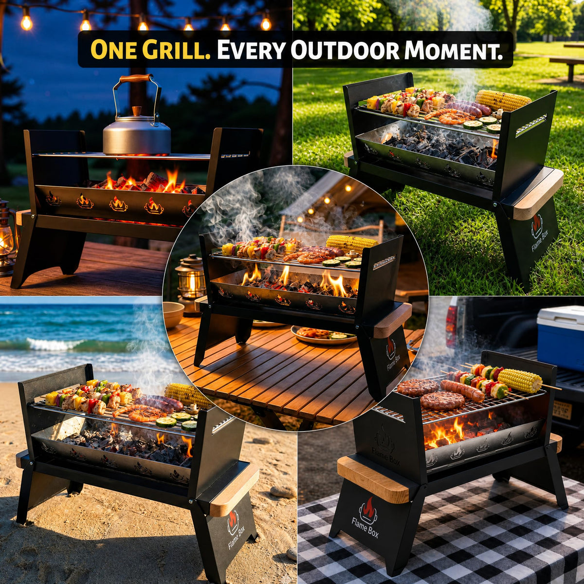 Flame Box Nomad outdoors-ready body with heat-resistant trims for rugged use.