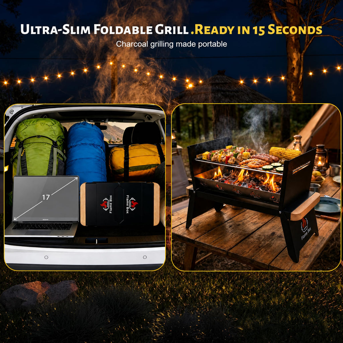 Flame Box Nomad wide stainless grate—efficiently grills meals for 3–4 people.