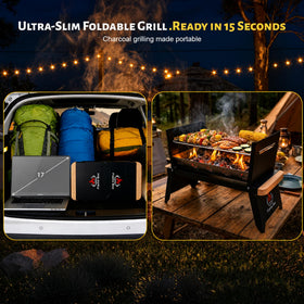 Flame Box Nomad wide stainless grate—efficiently grills meals for 3–4 people.